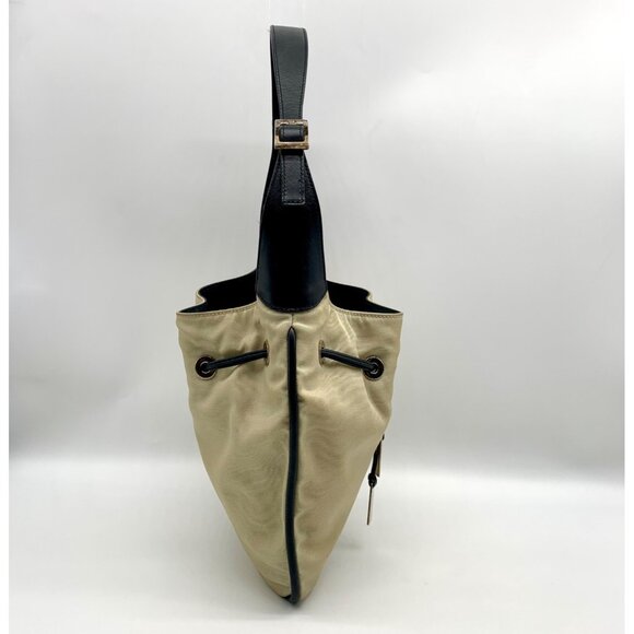 Gucci Beige Nylon and Black Leather Trim Drawstring Shoulder Bag - Picture 3 of 12